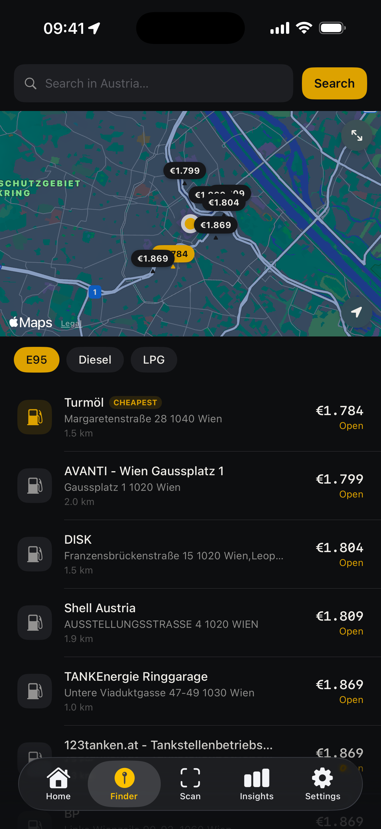 Nearby fuel stations sorted by price
