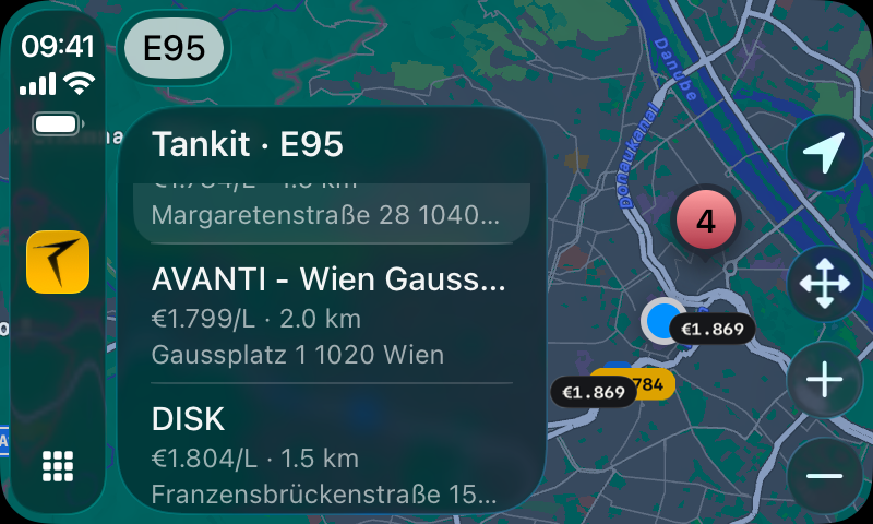 TankIt running on CarPlay with a map and cheapest-station list